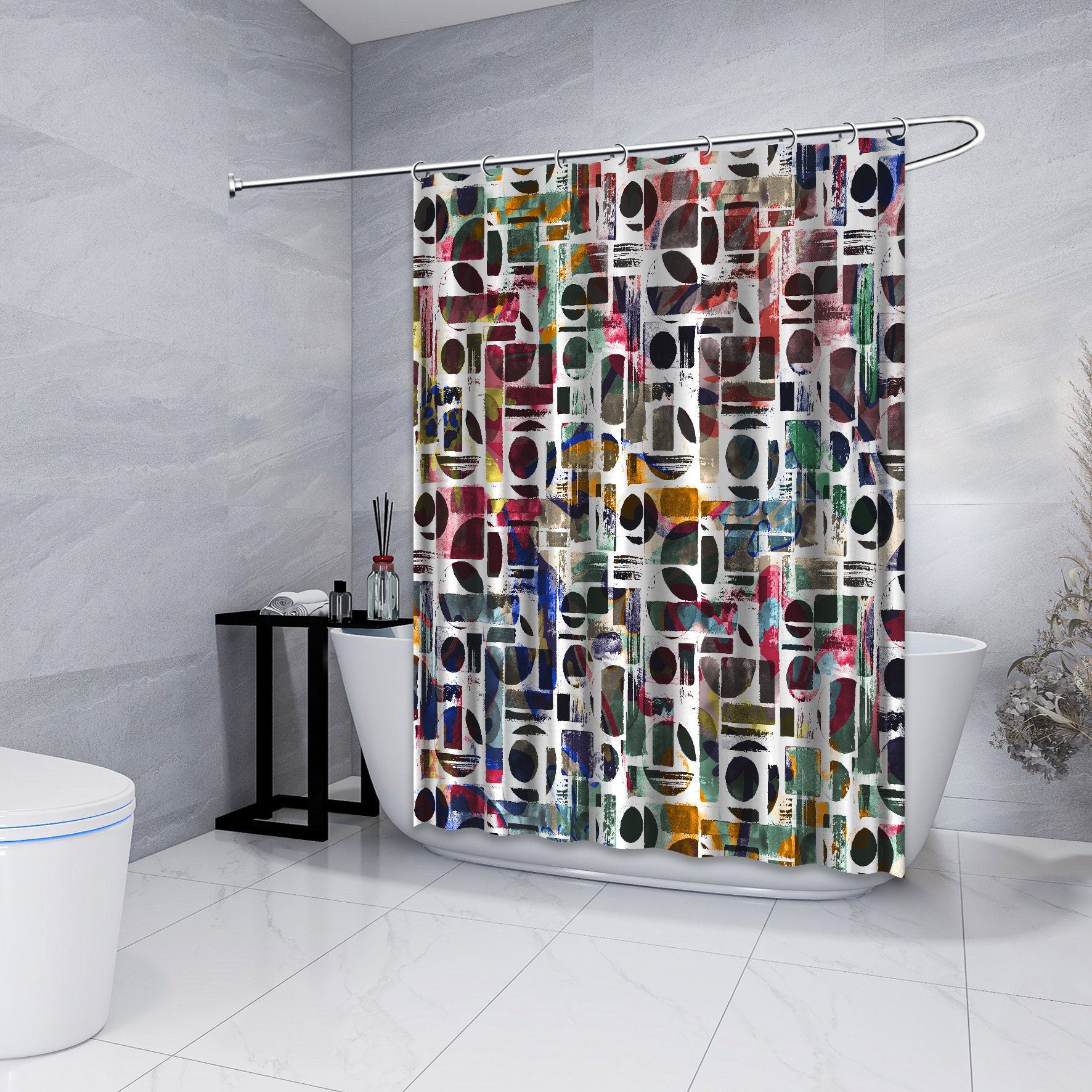 Multicolor Watercolor Geometric Shapes Shower Curtain, Modern Bathroom Decor With Abstract Art Print - Image 4