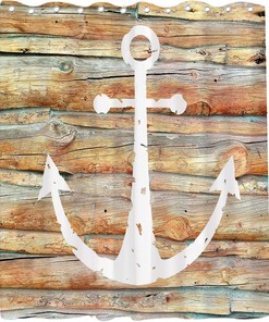 Multicolor White Anchor Shower Curtain - Nautical Ocean Marine Wooden Planks Theme - Waterproof Washable Bathroom Decor