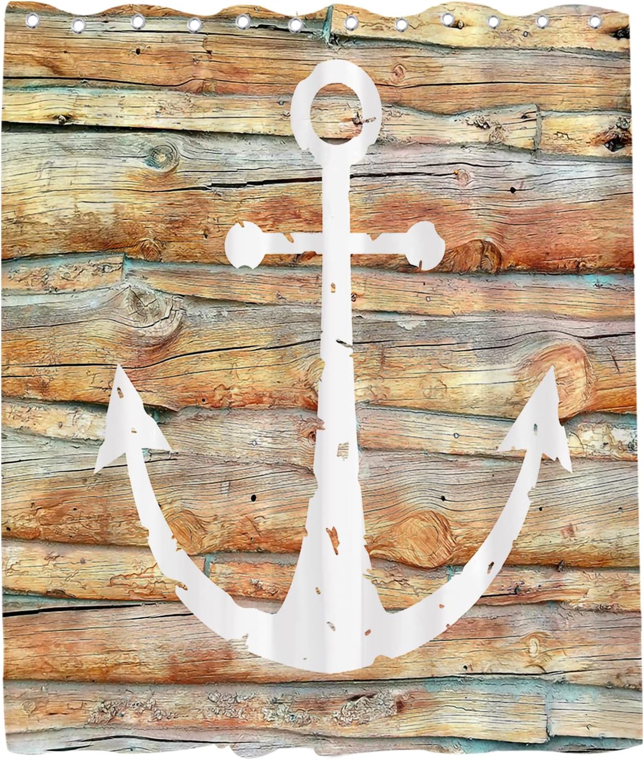 Multicolor White Anchor Shower Curtain - Nautical Ocean Marine Wooden Planks Theme - Waterproof Washable Bathroom Decor