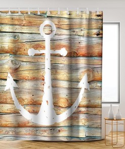 Multicolor White Anchor Shower Curtain - Nautical Ocean Marine Wooden Planks Theme - Waterproof Washable Bathroom Decor