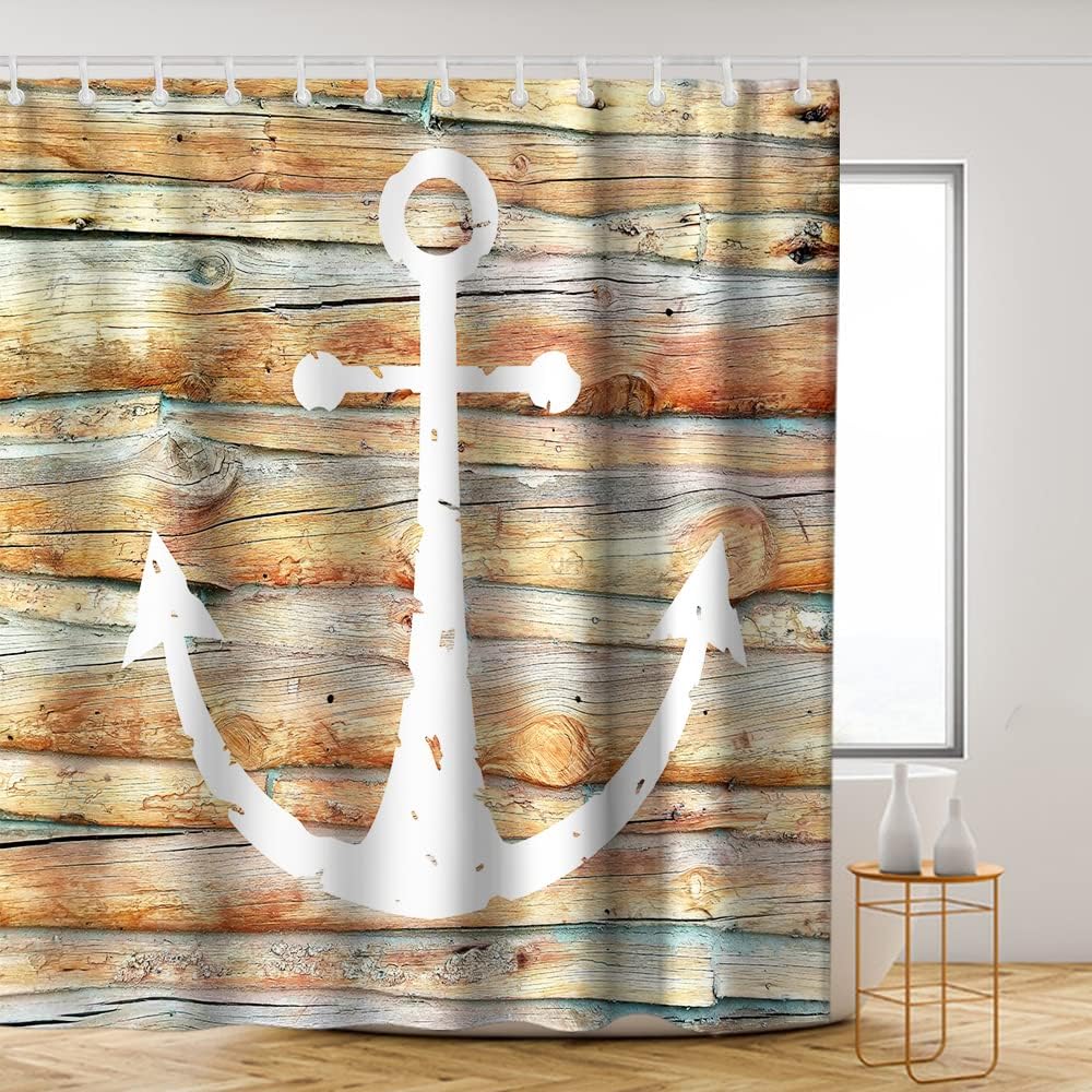 Multicolor White Anchor Shower Curtain - Nautical Ocean Marine Wooden Planks Theme - Waterproof Washable Bathroom Decor
