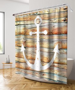 Multicolor White Anchor Shower Curtain - Nautical Ocean Marine Wooden Planks Theme - Waterproof Washable Bathroom Decor
