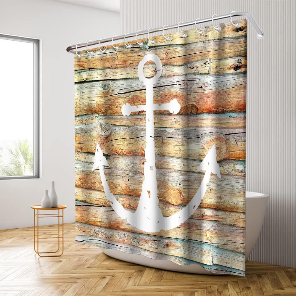 Multicolor White Anchor Shower Curtain - Nautical Ocean Marine Wooden Planks Theme - Waterproof Washable Bathroom Decor