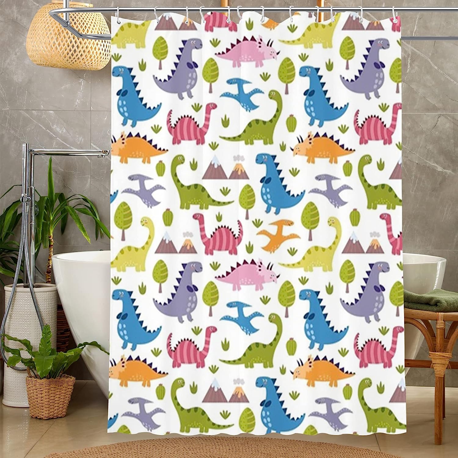 Multicolored Cartoon Dinosaurs Shower Curtain - Kid'S Bathroom Decor
