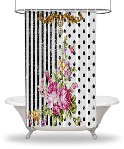 Multicolored Flowers And Polka Dots Shower Curtain, Artistic Bathroom Decor With Multidimensional Print