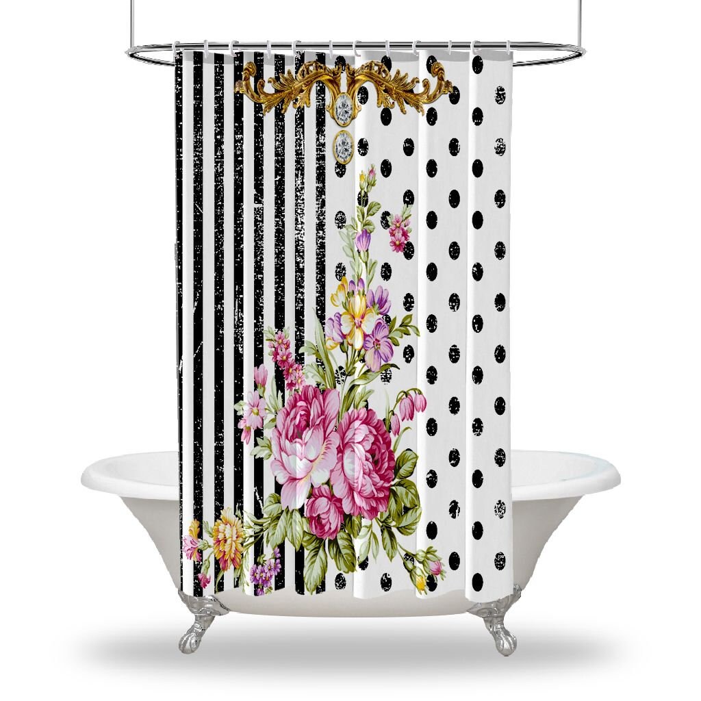 Multicolored Flowers And Polka Dots Shower Curtain, Artistic Bathroom Decor With Multidimensional Print