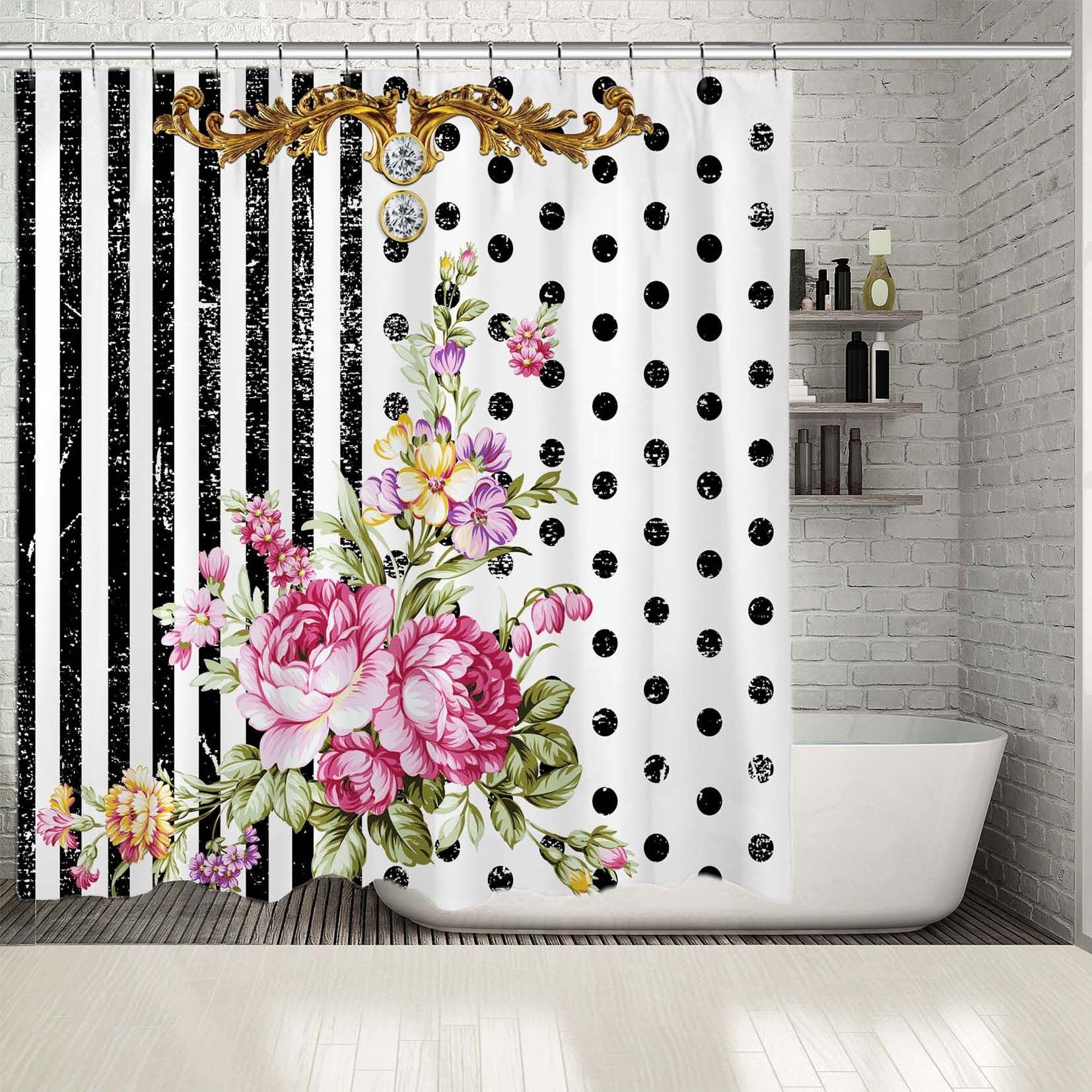 Multicolored Flowers And Polka Dots Shower Curtain, Artistic Bathroom Decor With Multidimensional Print - Image 2