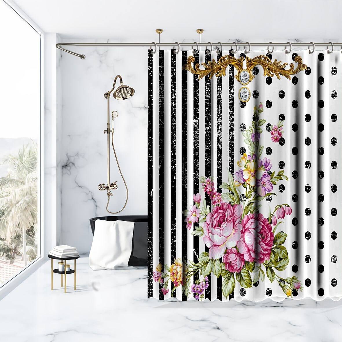 Multicolored Flowers And Polka Dots Shower Curtain, Artistic Bathroom Decor With Multidimensional Print - Image 3