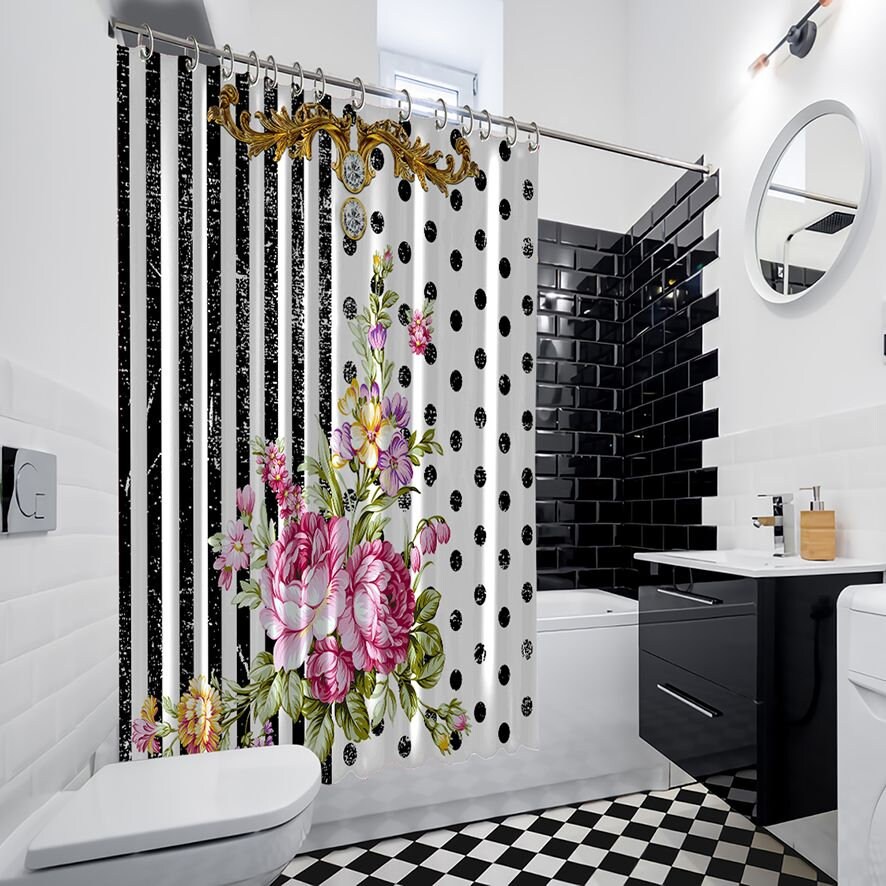 Multicolored Flowers And Polka Dots Shower Curtain, Artistic Bathroom Decor With Multidimensional Print - Image 4