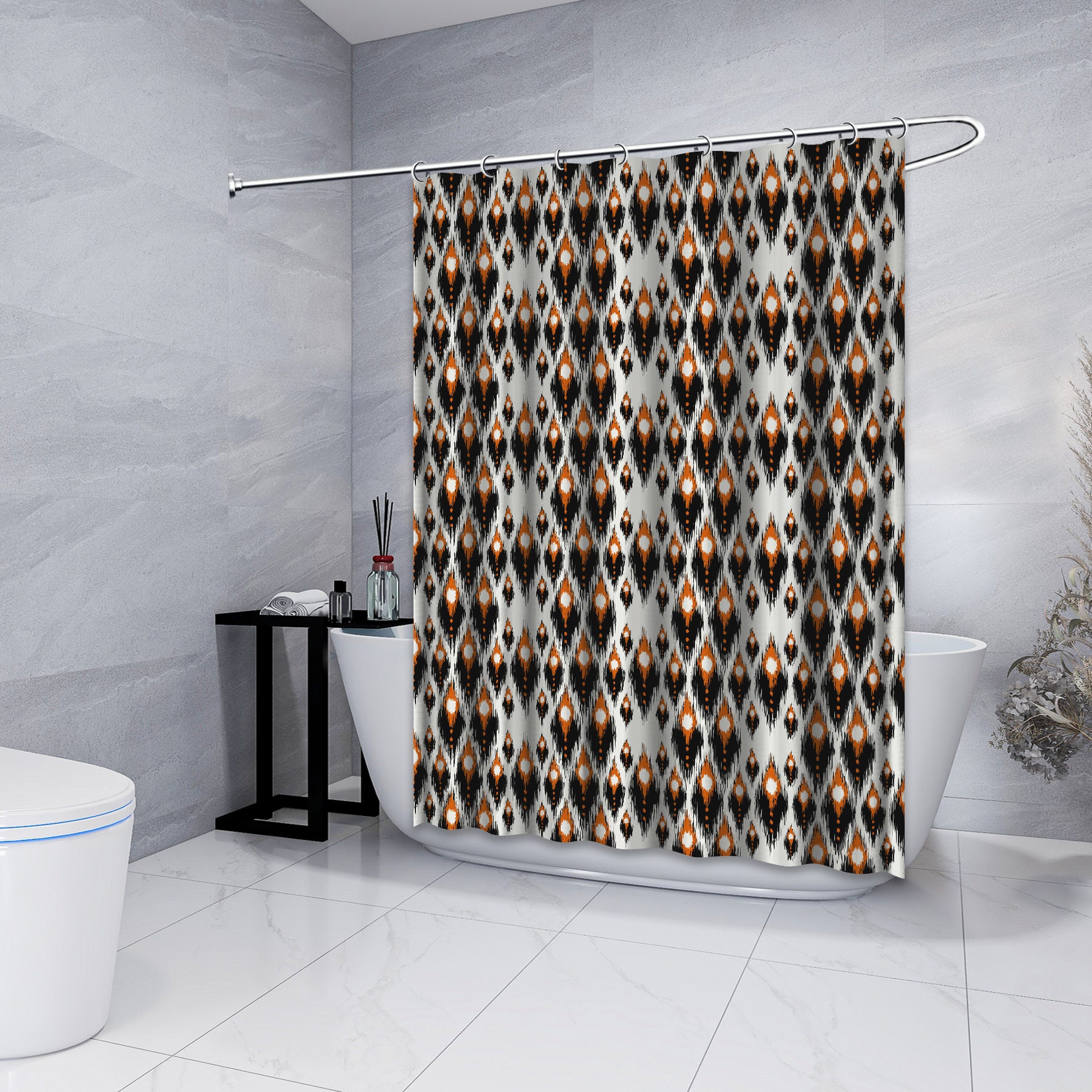 Multidimensional Black Abstract Geometric Printed Shower Curtain For Modern Bathroom