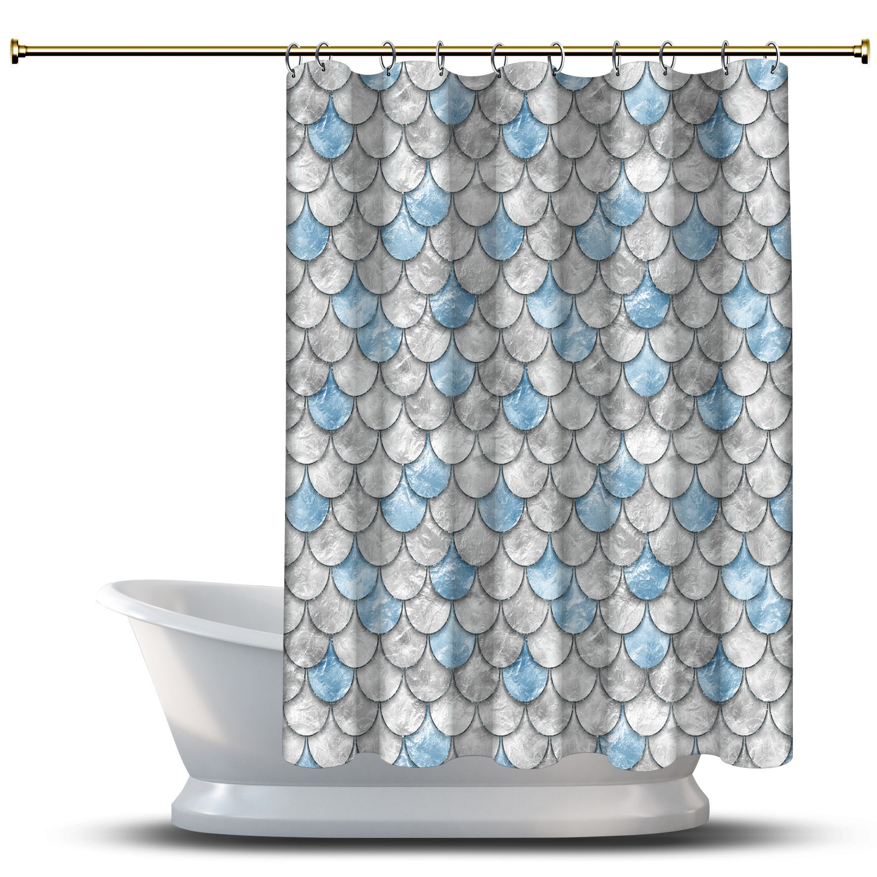 Multidimensional Blue Pearl Fish Scales Shower Curtain For Oceanic Bathroom