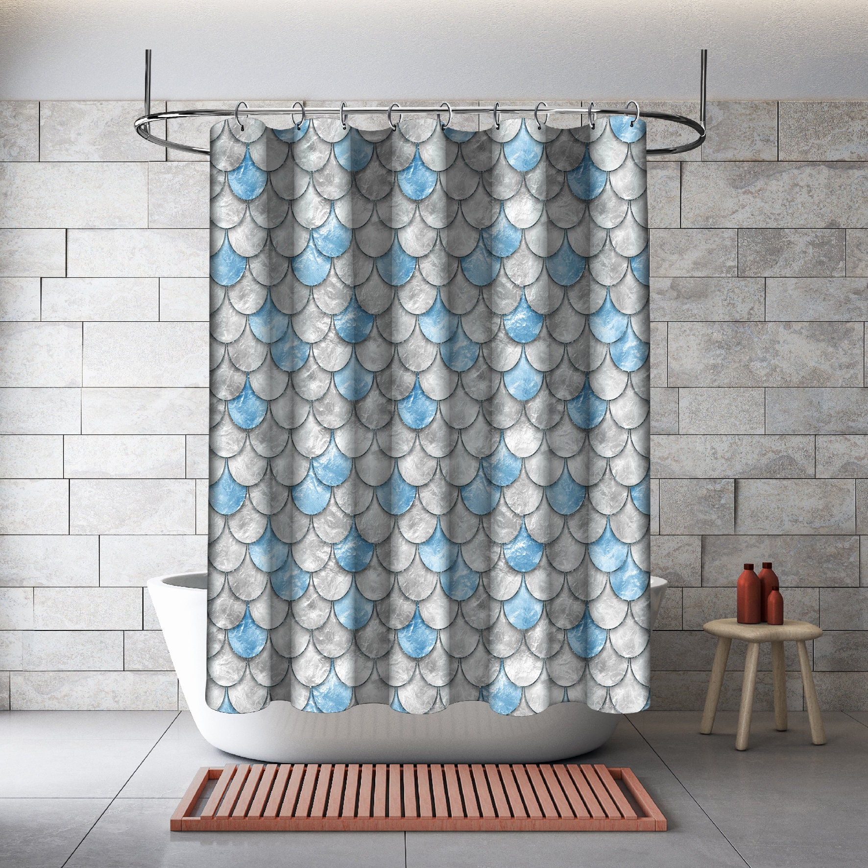 Multidimensional Blue Pearl Fish Scales Shower Curtain For Oceanic Bathroom