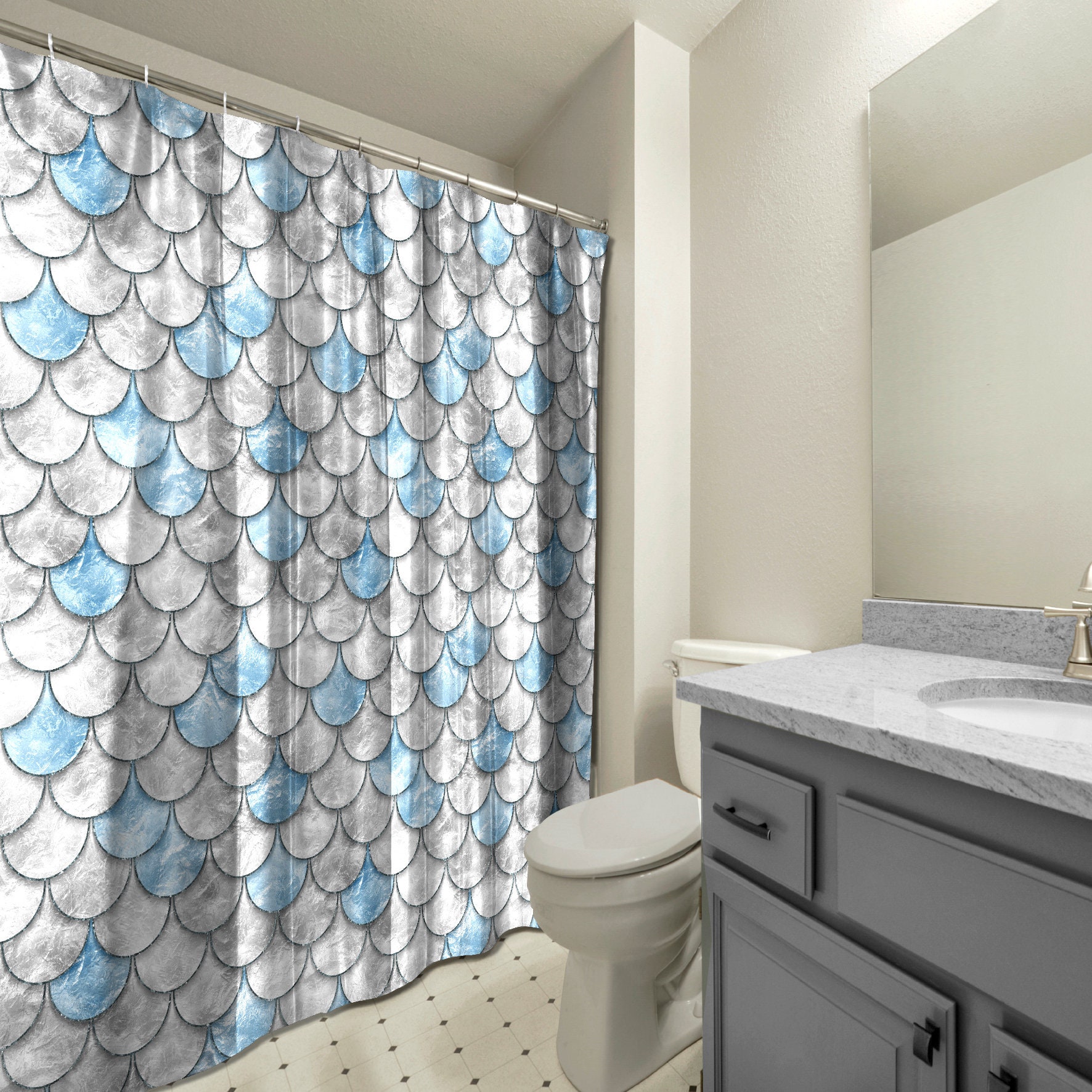 Multidimensional Blue Pearl Fish Scales Shower Curtain For Oceanic Bathroom