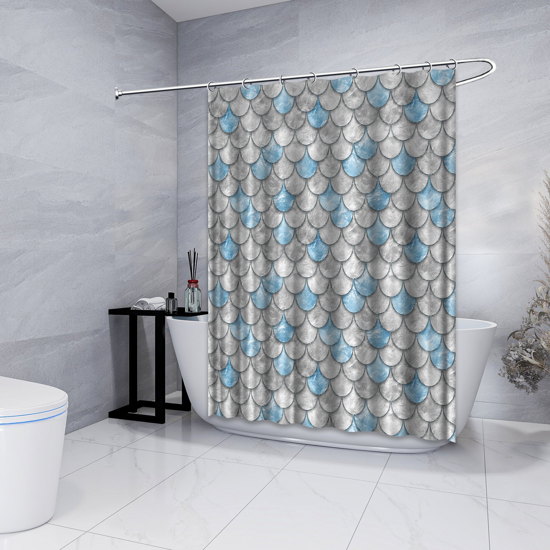 Multidimensional Blue Pearl Fish Scales Shower Curtain For Oceanic Bathroom