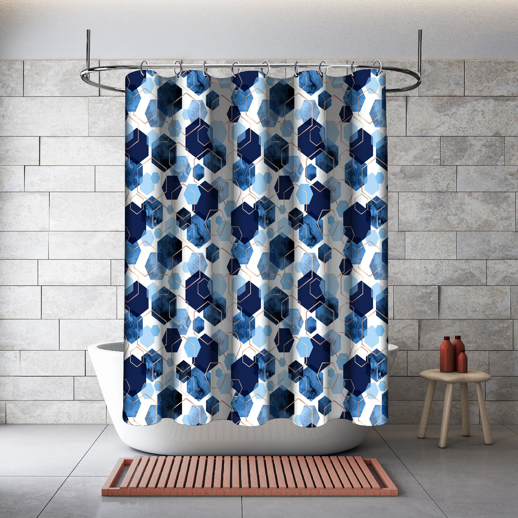 Multidimensional Blue Watercolor Polygon Shower Curtain for Your Bathroom