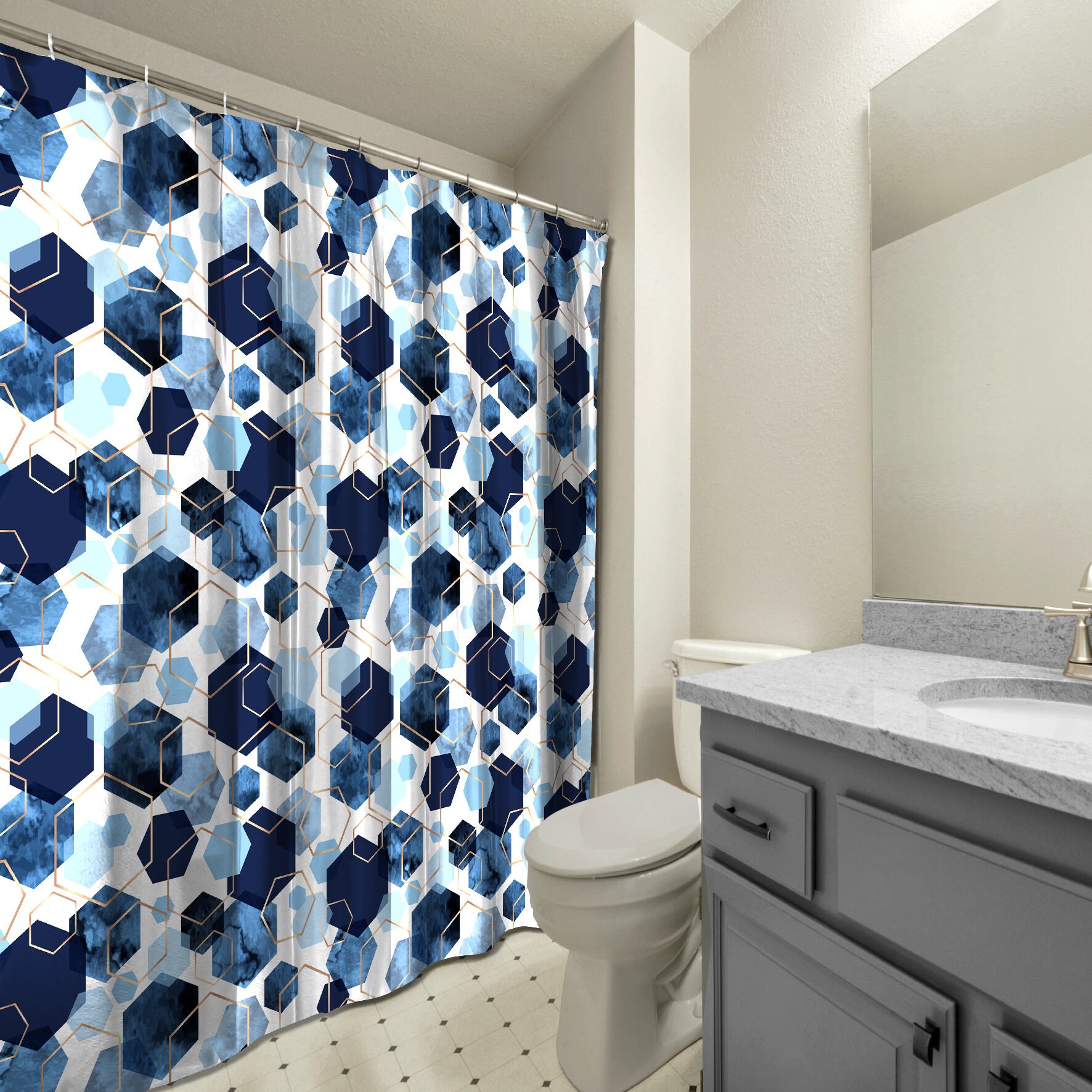 Multidimensional Blue Watercolor Polygon Shower Curtain for Your Bathroom