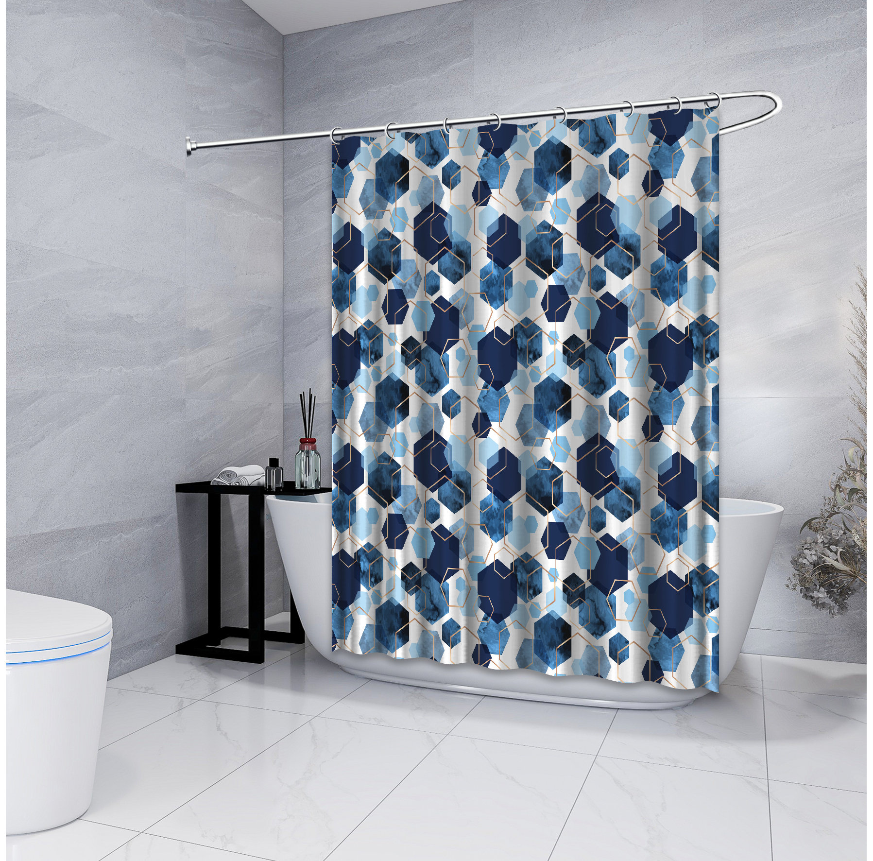 Multidimensional Blue Watercolor Polygon Shower Curtain for Your Bathroom