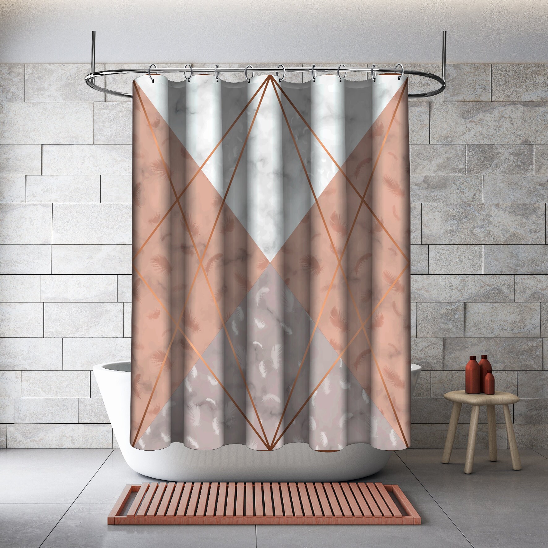 Multidimensional Brown Geometric Polygon Lines Shower Curtain, Printed and Waterproof for Bathroom