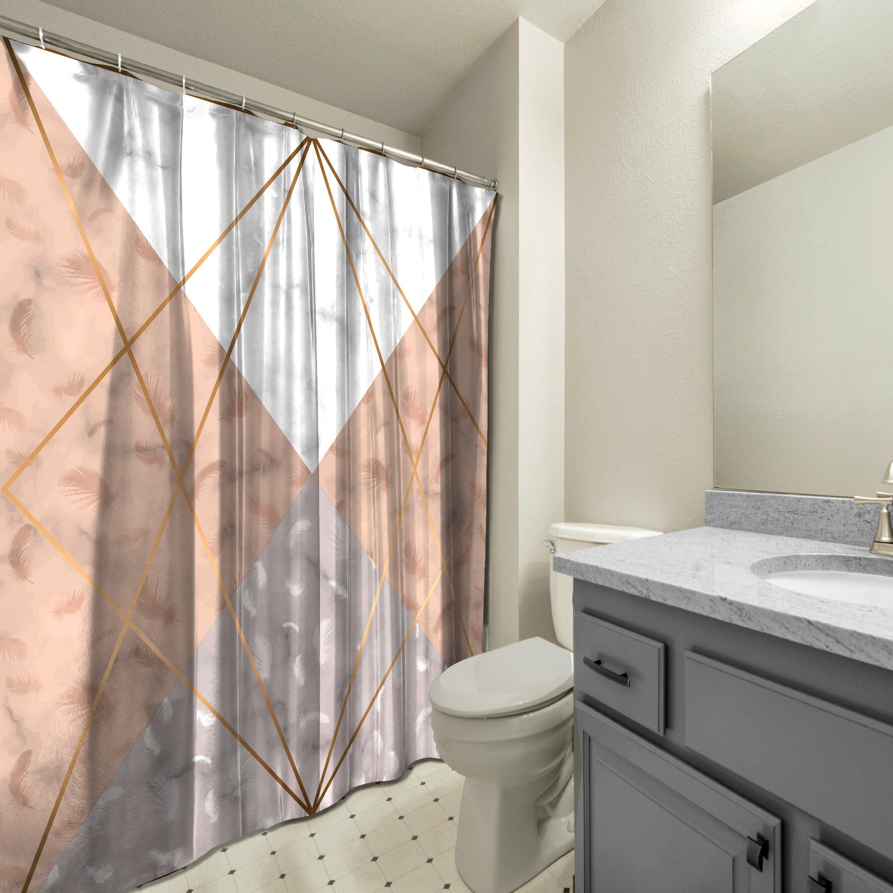 Multidimensional Brown Geometric Polygon Lines Shower Curtain, Printed and Waterproof for Bathroom
