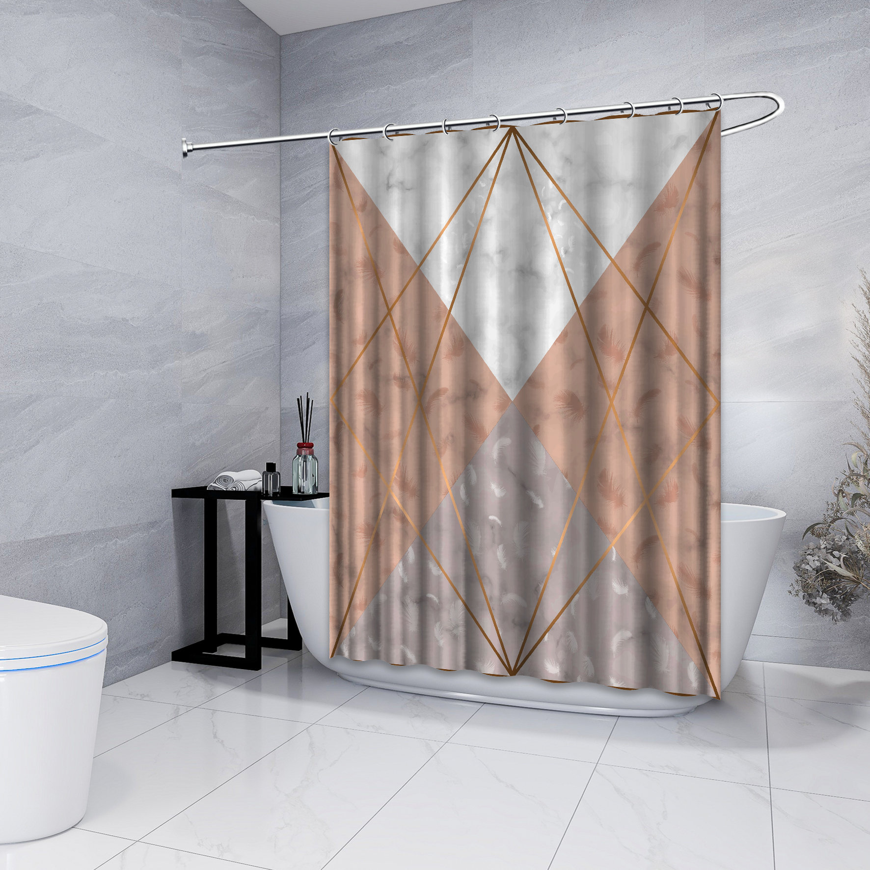 Multidimensional Brown Geometric Polygon Lines Shower Curtain, Printed and Waterproof for Bathroom