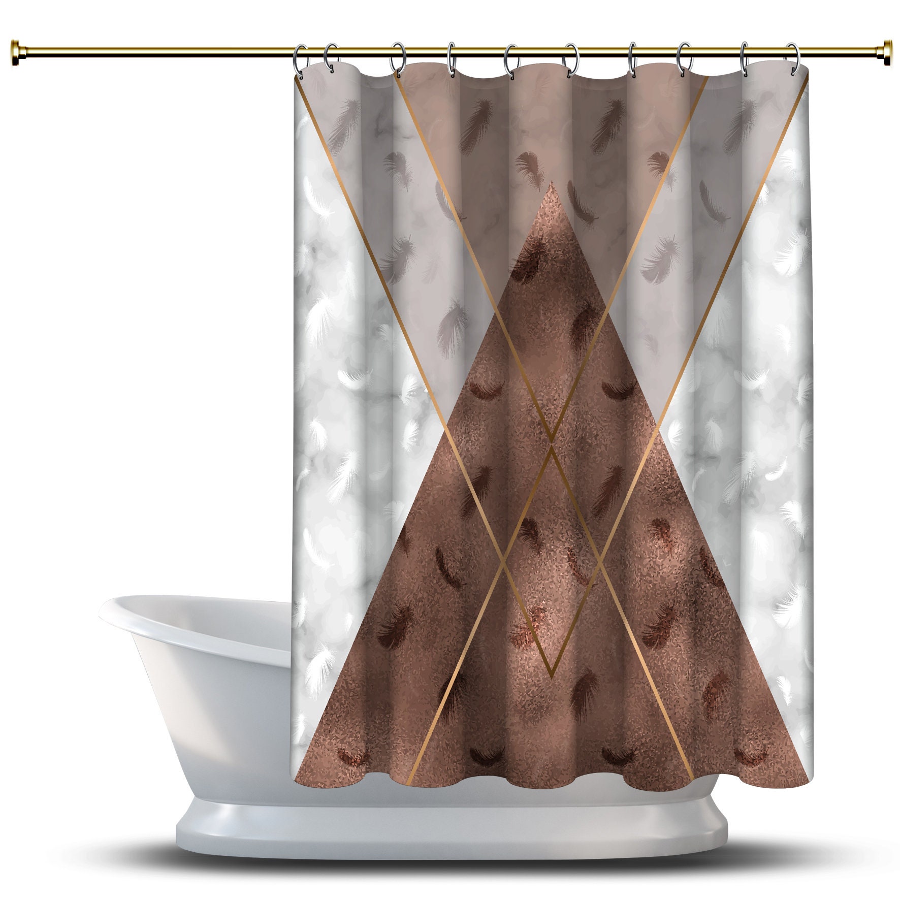 Multidimensional Brown Triangle Shapes Shower Curtain for Bathtub, Geometric Printed and Waterproof