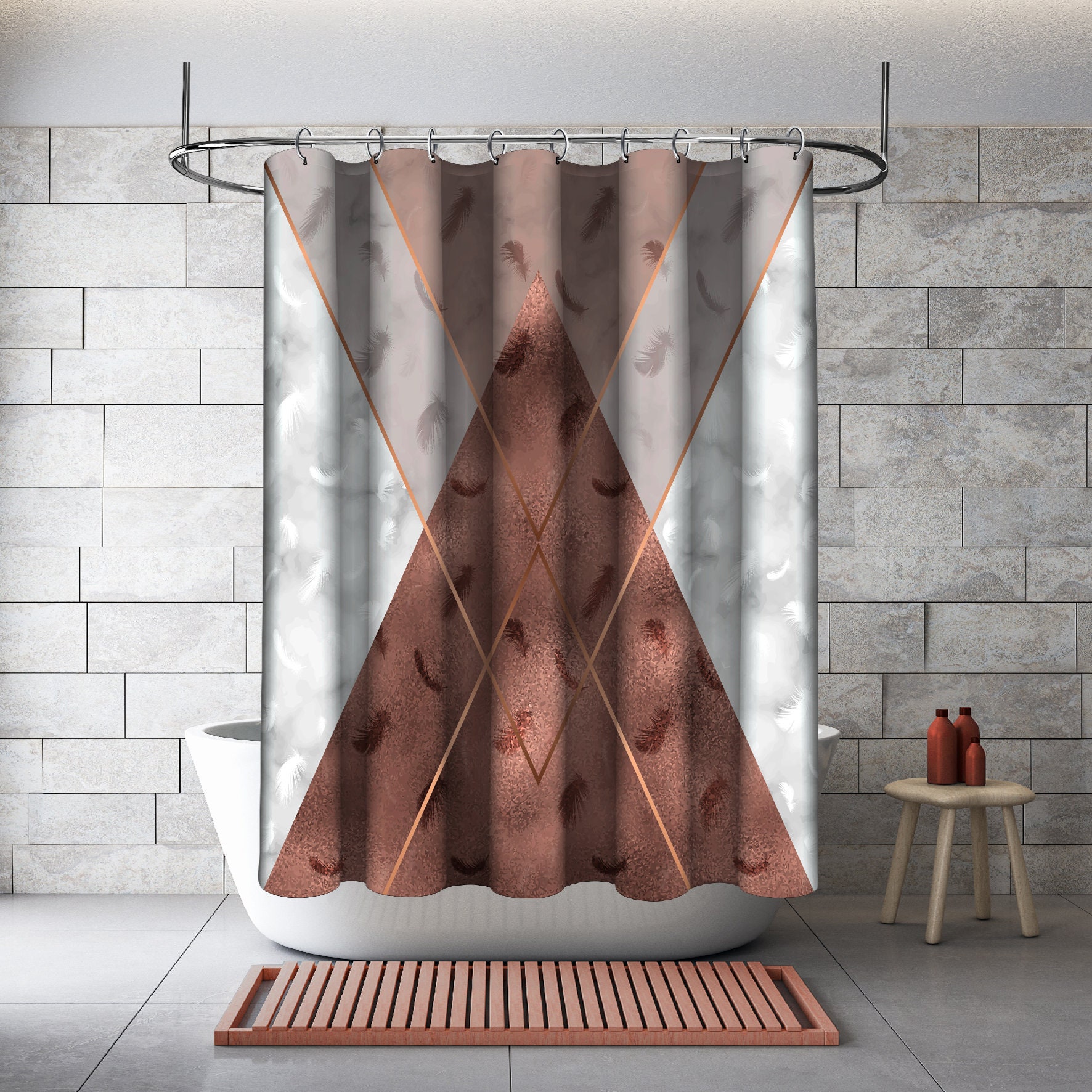 Multidimensional Brown Triangle Shapes Shower Curtain for Bathtub, Geometric Printed and Waterproof