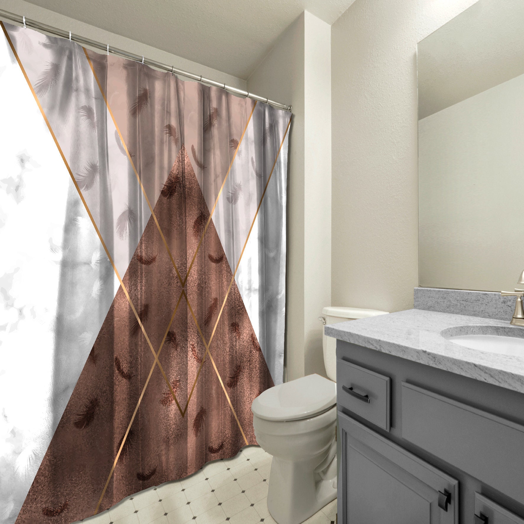 Multidimensional Brown Triangle Shapes Shower Curtain for Bathtub, Geometric Printed and Waterproof
