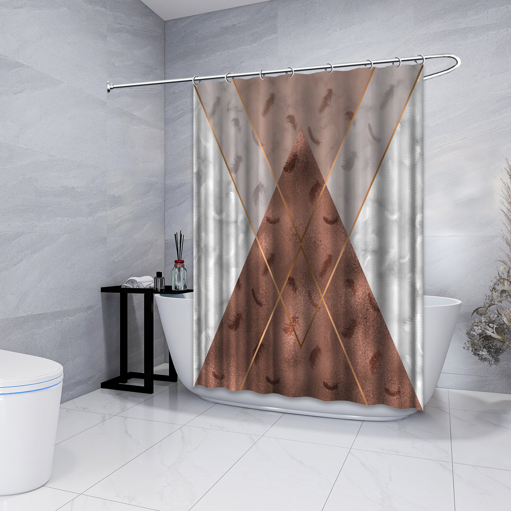 Multidimensional Brown Triangle Shapes Shower Curtain for Bathtub, Geometric Printed and Waterproof