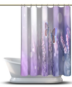 Multidimensional Butterflies with Lavenders Landscape Printed Shower Curtain