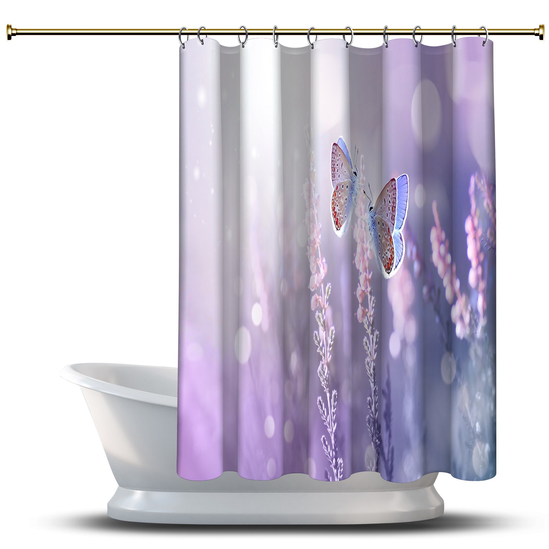 Multidimensional Butterflies with Lavenders Landscape Printed Shower Curtain