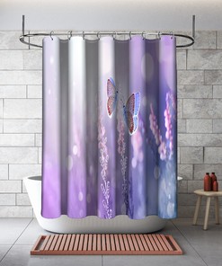 Multidimensional Butterflies with Lavenders Landscape Printed Shower Curtain