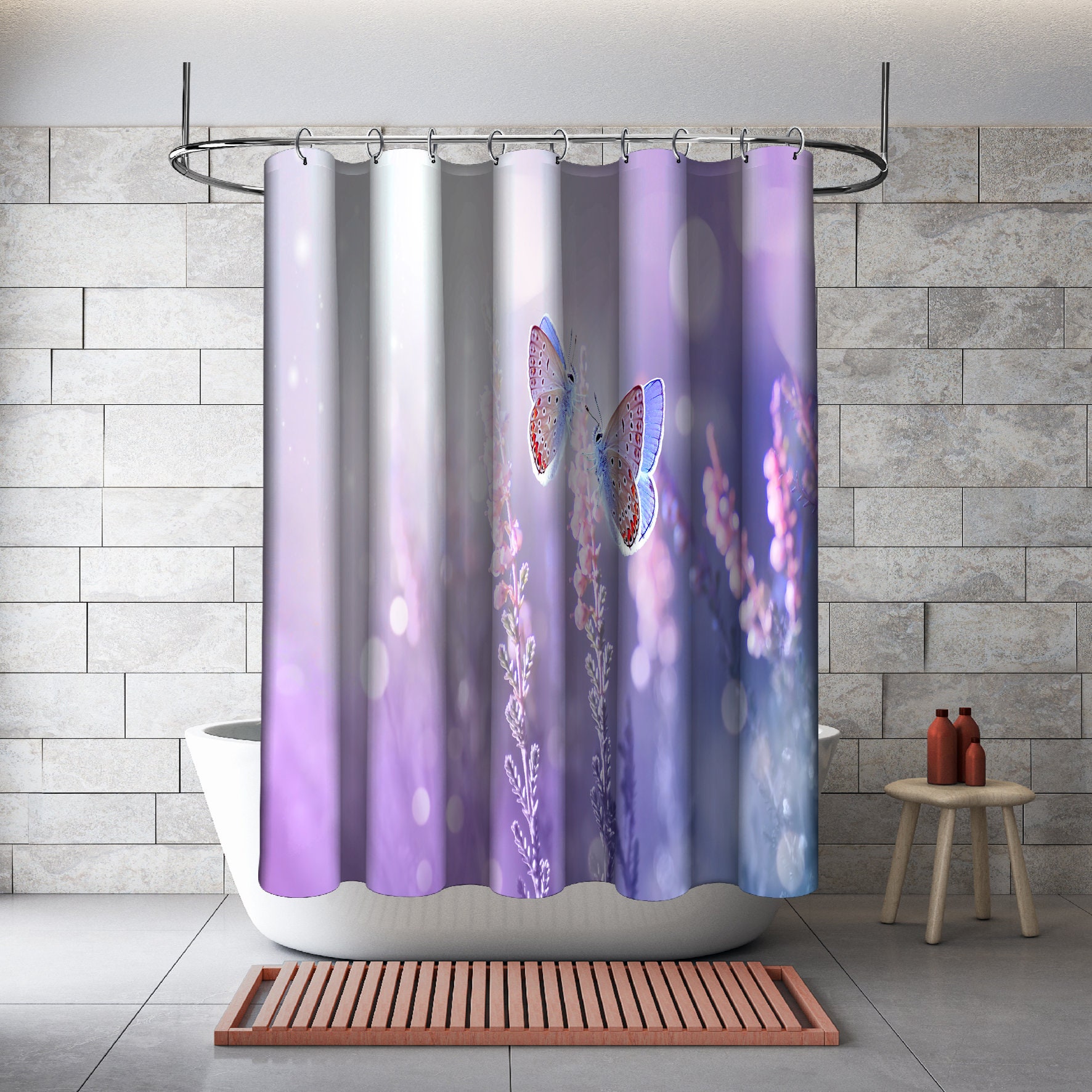 Multidimensional Butterflies with Lavenders Landscape Printed Shower Curtain