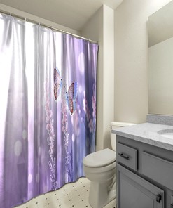 Multidimensional Butterflies with Lavenders Landscape Printed Shower Curtain