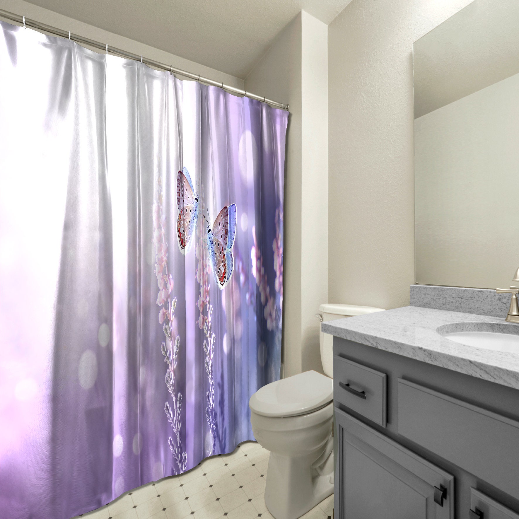 Multidimensional Butterflies with Lavenders Landscape Printed Shower Curtain