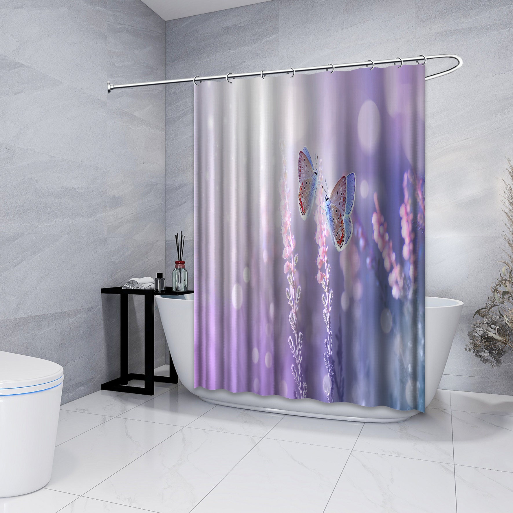 Multidimensional Butterflies with Lavenders Landscape Printed Shower Curtain