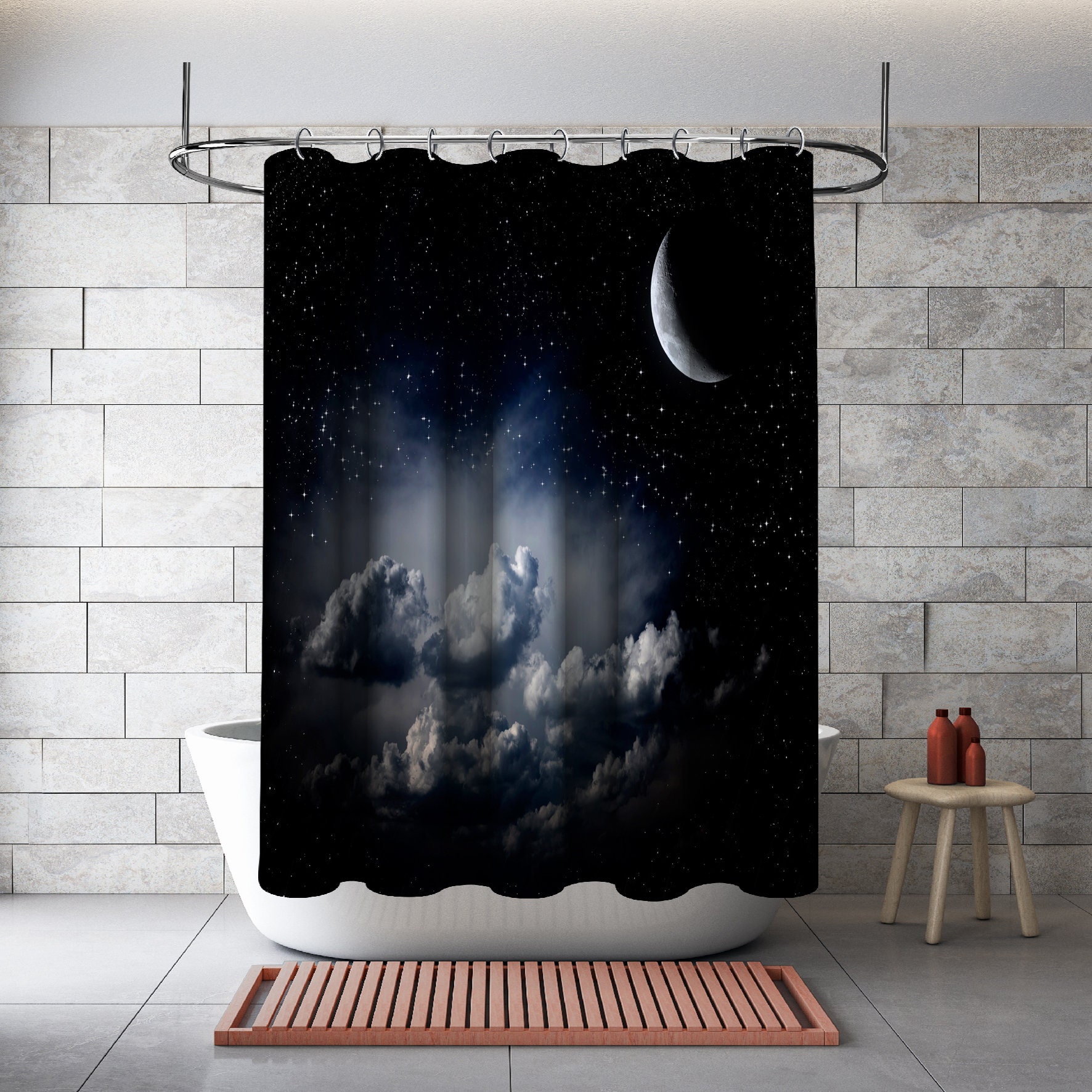 Multidimensional Clouds Stars with the Moon Night Shower Curtain for a Dreamy Bathroom