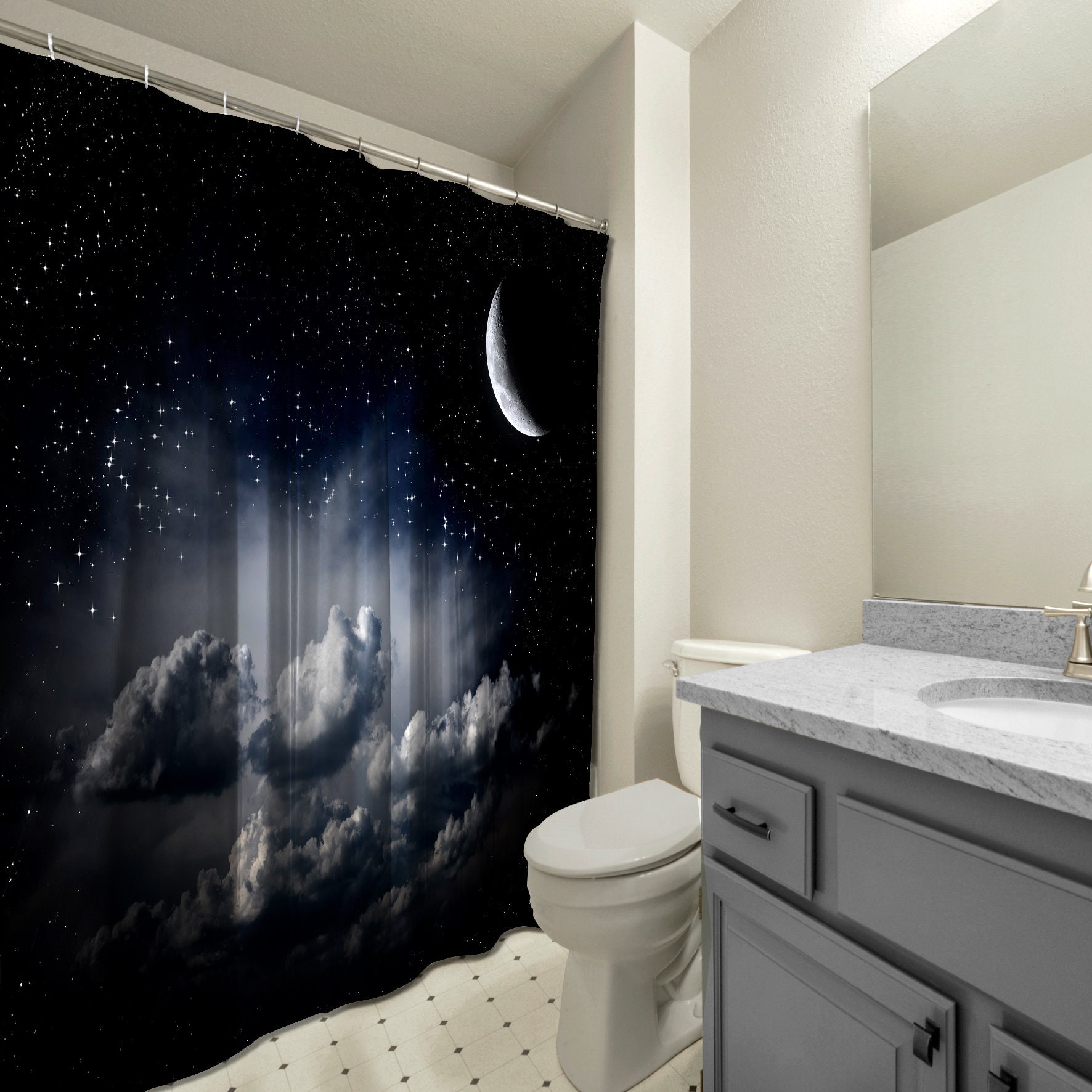 Multidimensional Clouds Stars with the Moon Night Shower Curtain for a Dreamy Bathroom