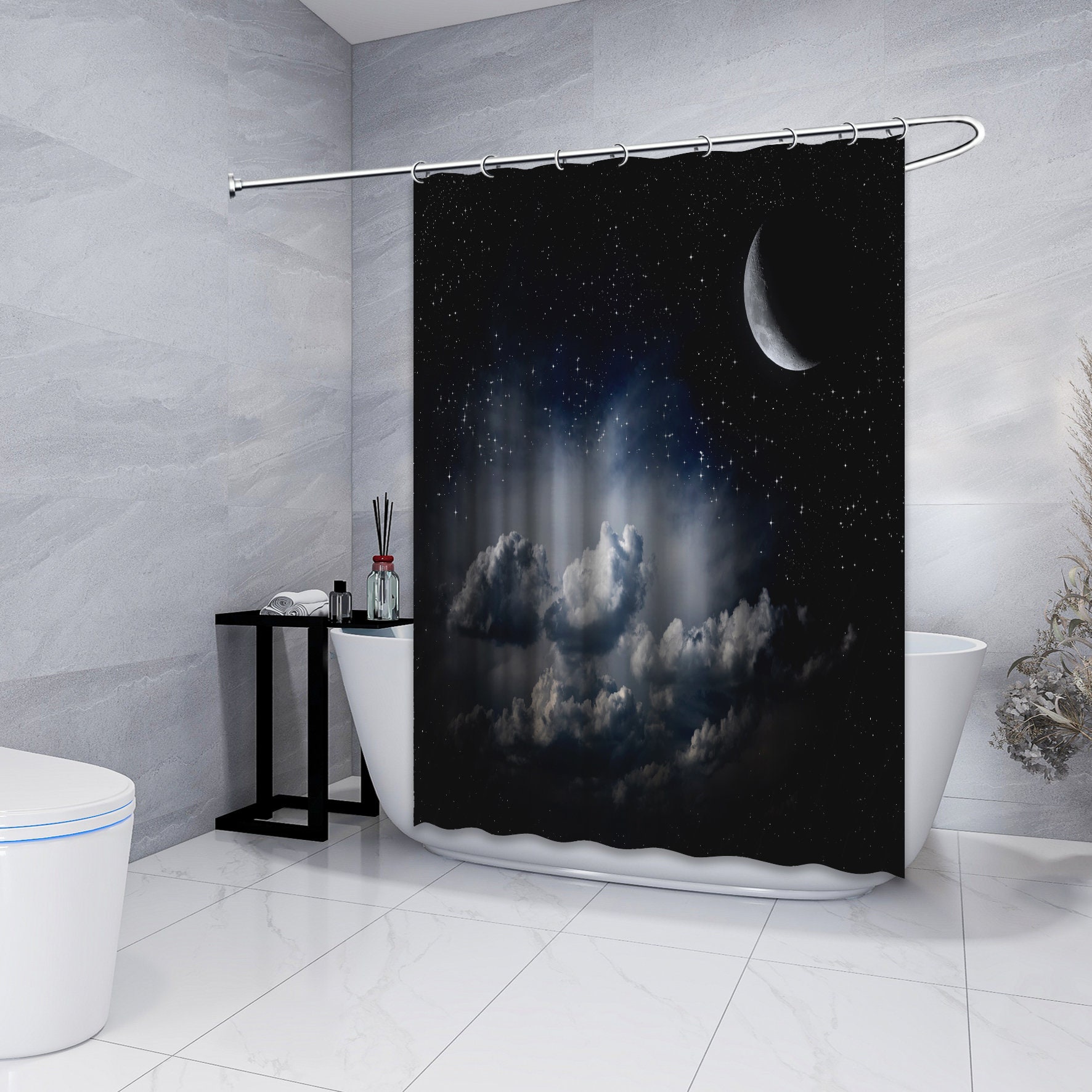 Multidimensional Clouds Stars with the Moon Night Shower Curtain for a Dreamy Bathroom
