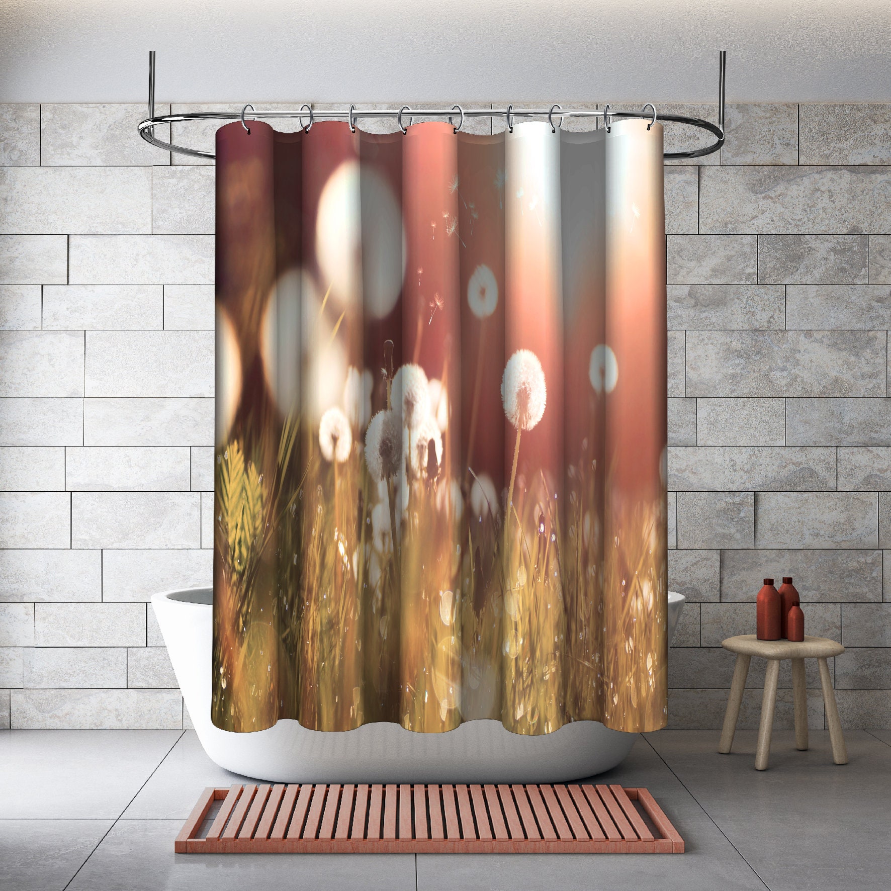 Multidimensional Dandelion Sunset Print Shower Curtain - Waterproof Fabric with Artistic Touch.