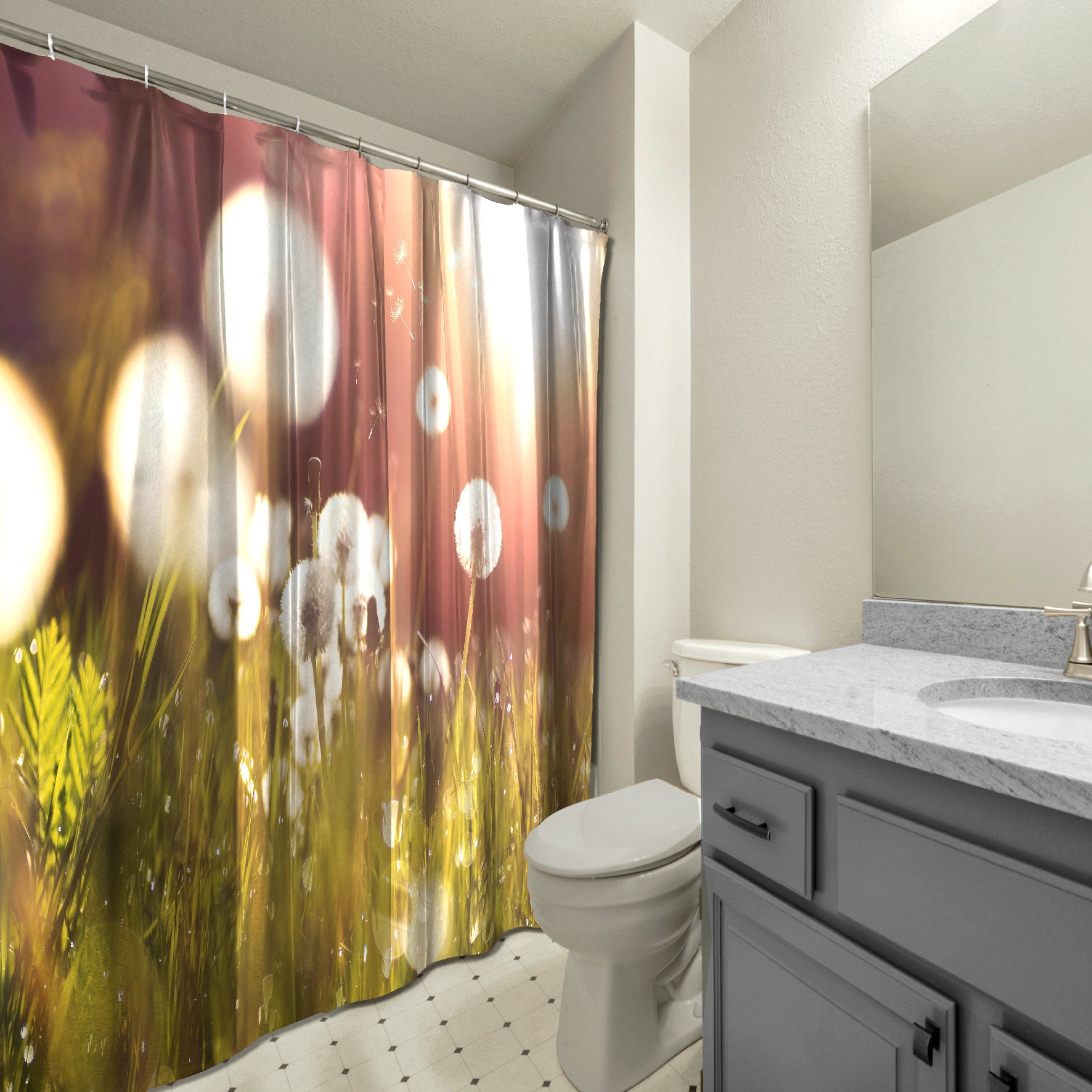 Multidimensional Dandelion Sunset Print Shower Curtain - Waterproof Fabric with Artistic Touch.