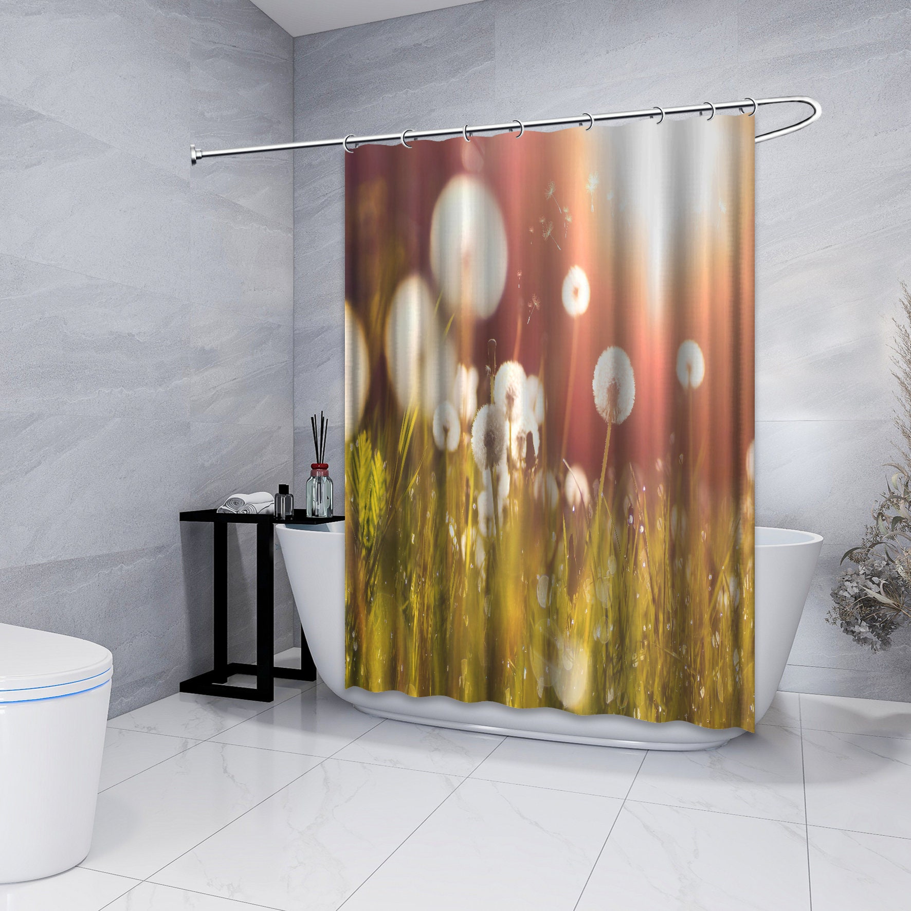 Multidimensional Dandelion Sunset Print Shower Curtain - Waterproof Fabric with Artistic Touch.