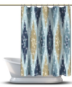 Multidimensional Floral Tribal Shower Curtain, Geometric Design In Blue, Modern Bathroom Decor