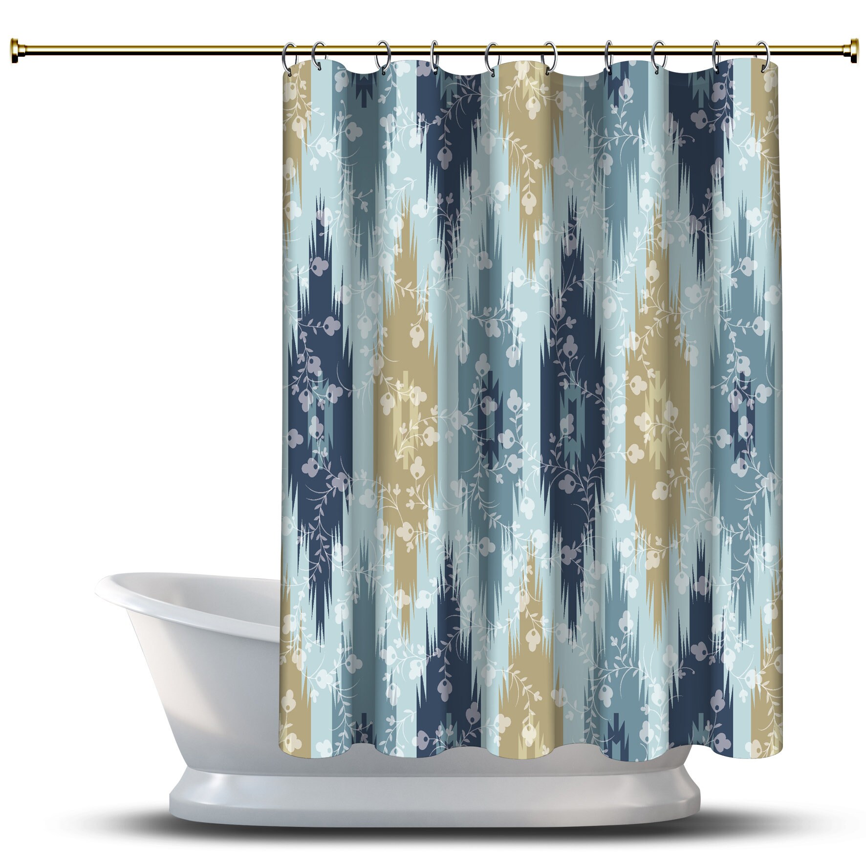 Multidimensional Floral Tribal Shower Curtain, Geometric Design In Blue, Modern Bathroom Decor