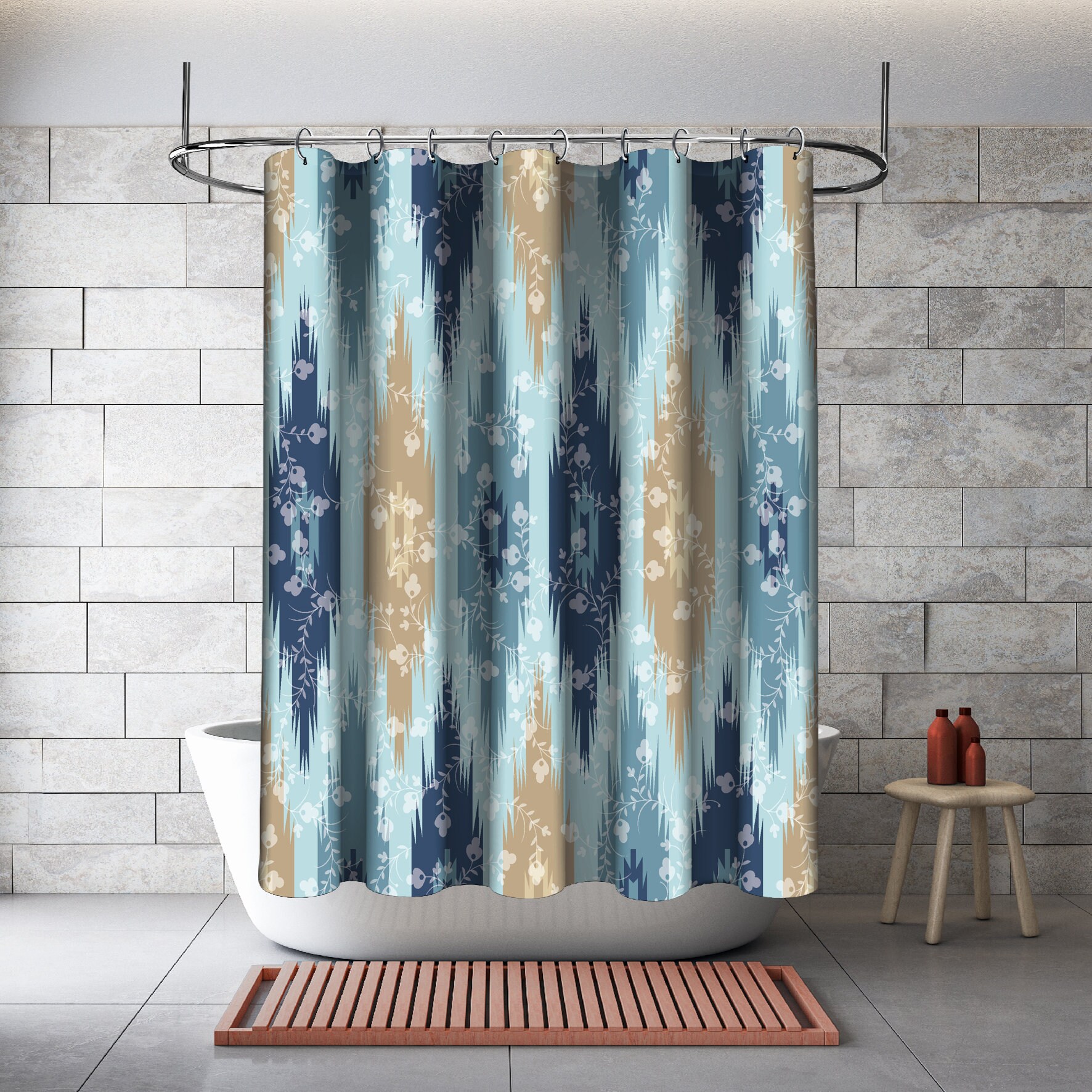 Multidimensional Floral Tribal Shower Curtain, Geometric Design In Blue, Modern Bathroom Decor - Image 2