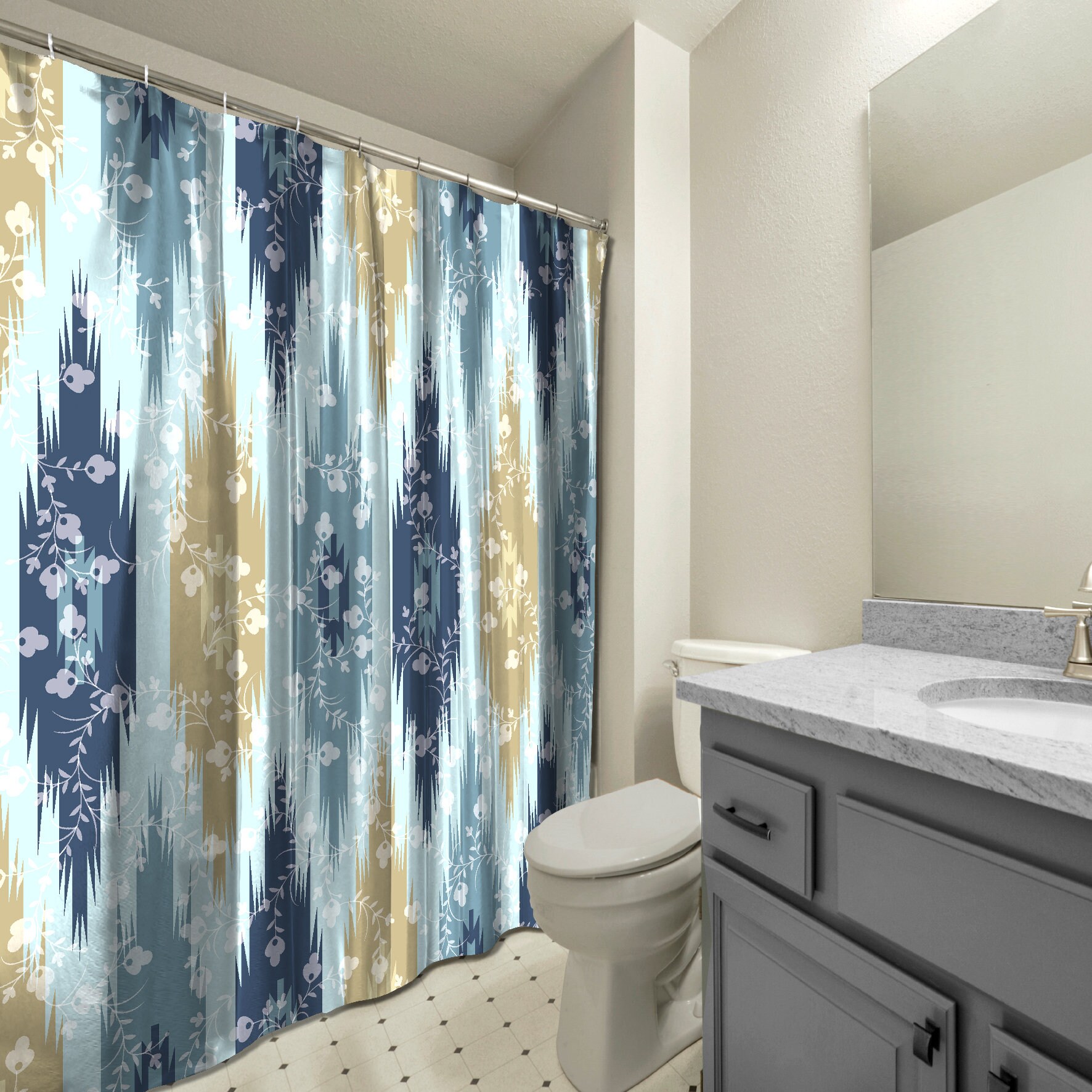 Multidimensional Floral Tribal Shower Curtain, Geometric Design In Blue, Modern Bathroom Decor - Image 3