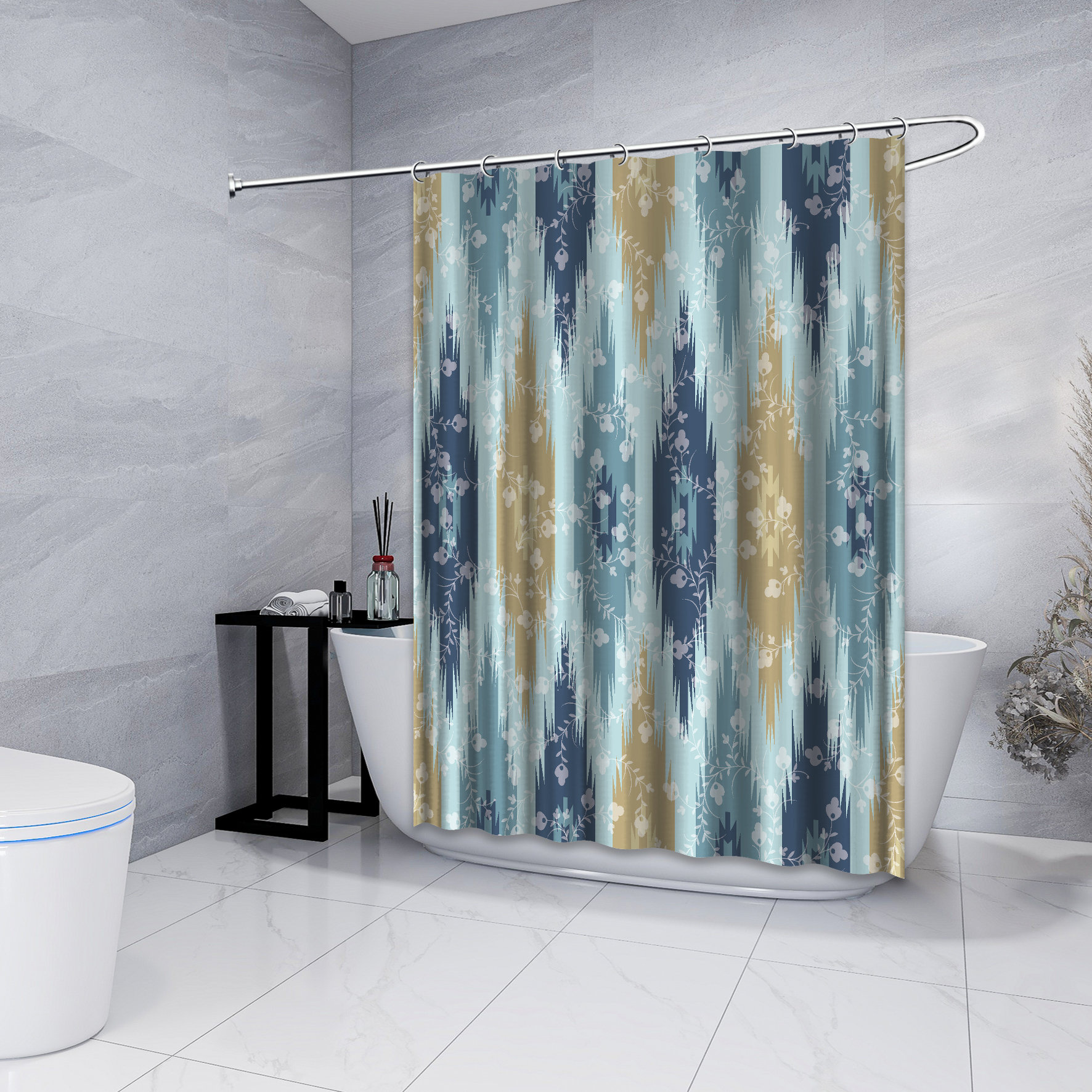 Multidimensional Floral Tribal Shower Curtain, Geometric Design In Blue, Modern Bathroom Decor - Image 4