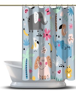 Multidimensional Flower, Palm Trees and Elephants Printed Shower Curtain- Unique and Waterproof Bathroom Decor Accessory
