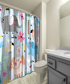 Multidimensional Flower, Palm Trees and Elephants Printed Shower Curtain- Unique and Waterproof Bathroom Decor Accessory