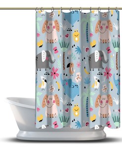 Multidimensional Flower and Animal Illustrations Printed Shower Curtain- Waterproof and Colorful Bathroom Décor
