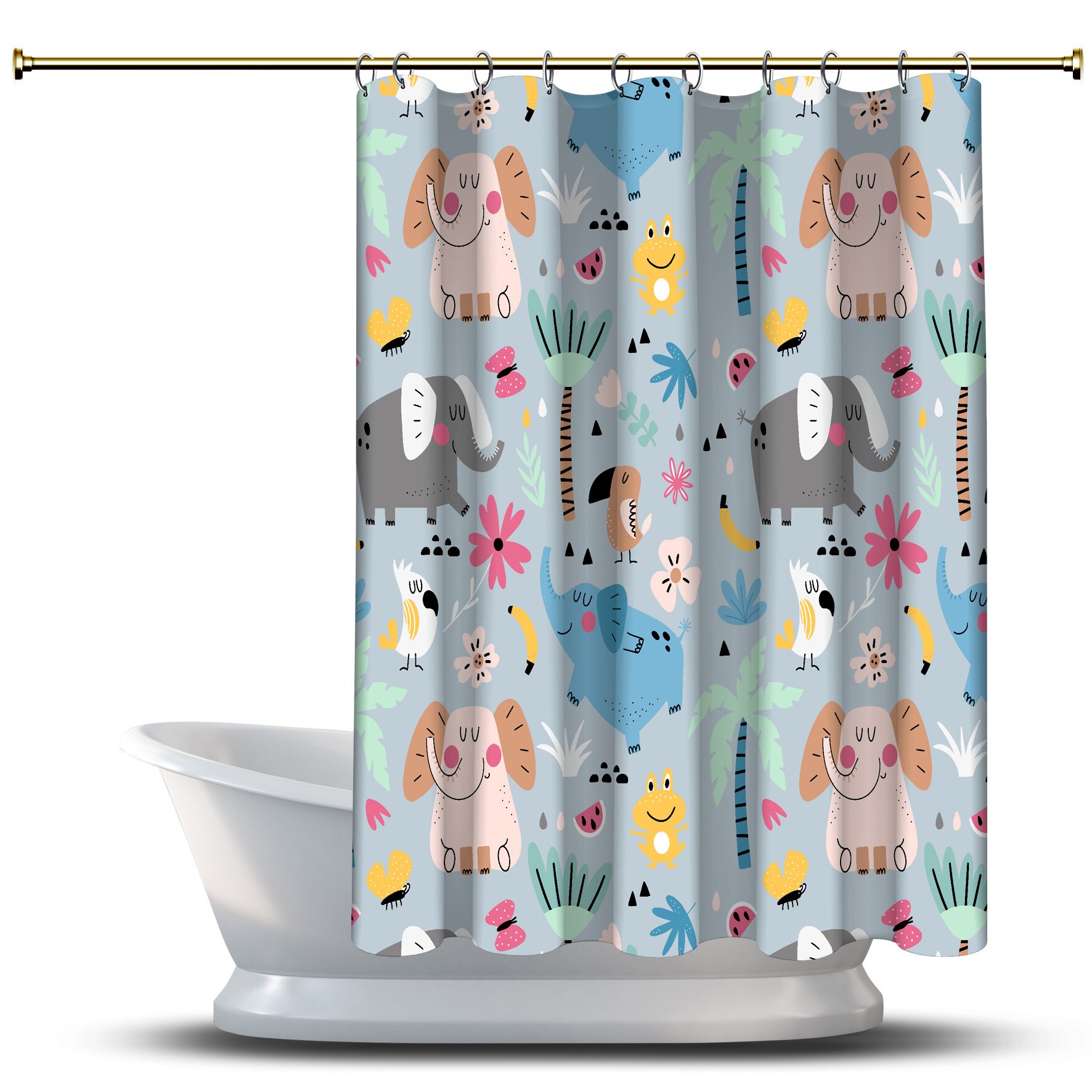 Multidimensional Flower and Animal Illustrations Printed Shower Curtain- Waterproof and Colorful Bathroom Décor